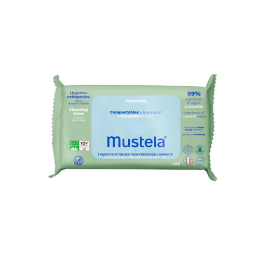 Mustela - BEBE - Lingettes Nettoyantes Parfumées Compostables, 60 Lingettes